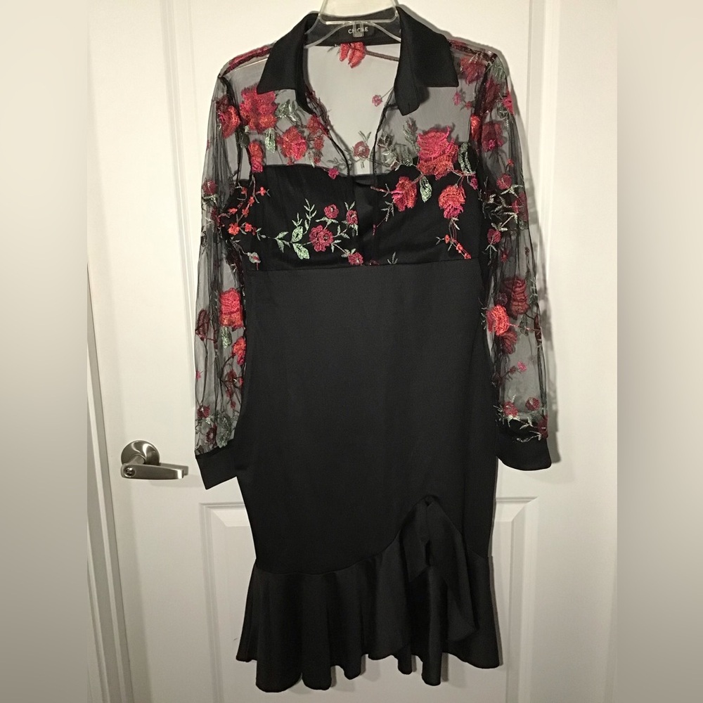 Chic Black Dress with Red Floral  Size XL